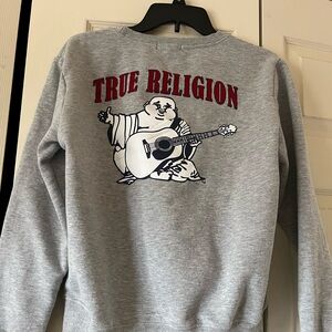 True Religion Women's Gray Crew Neck Sweater with Red Logo